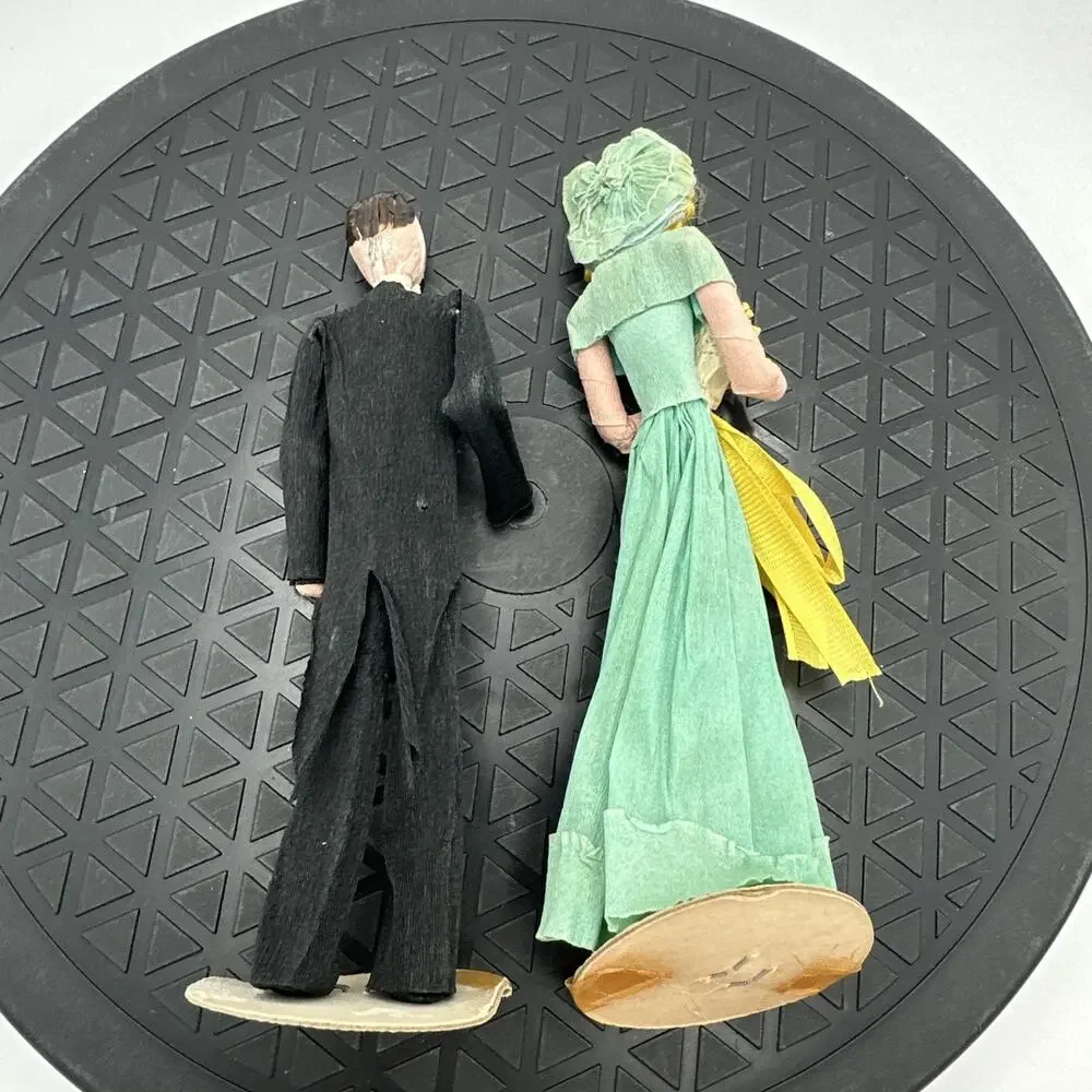Vintage 1949 Crepe Paper Mache Bride+Groom Wedding Cake Topper Teal Gown
